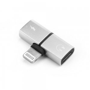 Adaptér SHORT HF/audio + nabíjanie iPhone Lightning farba strieborná