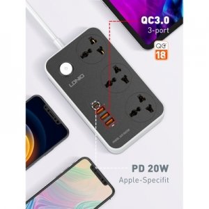 Cestovná nabíjačka LDNIO SC3412, 3xUSB QC 3.0, 1x USB C PD 20W, 230V, 10A, 2500W