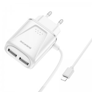 Cestovná nabíjačka Borofone BA50A, 2xUSB 2,1A Lightning kábel, biela