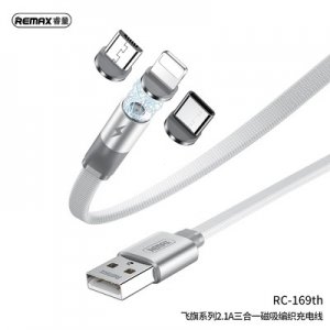 Dátový kábel Magnetic 3v1, Remax RC-169th, Micro USB, USB Type C, Lightning, 2,1 A farba biela