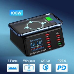 Nabíjacia stanica 7x USB + typ C, 100W PD QC 3.0, indukcia, farba čierna