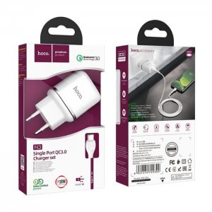 Cestovní nabíječ HOCO N3 Single port, QC 3.0, 18W, kabel USB Typ C, barva bílá