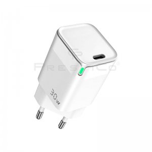 Cestovná nabíjačka Prestico F14, 1x USB typ C, PD 30W QC 3.0, biela