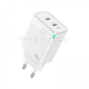Cestovná nabíjačka Prestico F16, 2x USB typu C, PD 40W QC 3.0, biela