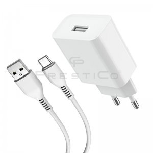 Cestovná nabíjačka Prestico F6S, 1x USB, PD 2,4A + kábel USB typu C, biela