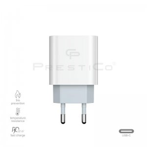 Cestovná nabíjačka Prestico F8, 1x USB typ C, PD 20W, biela